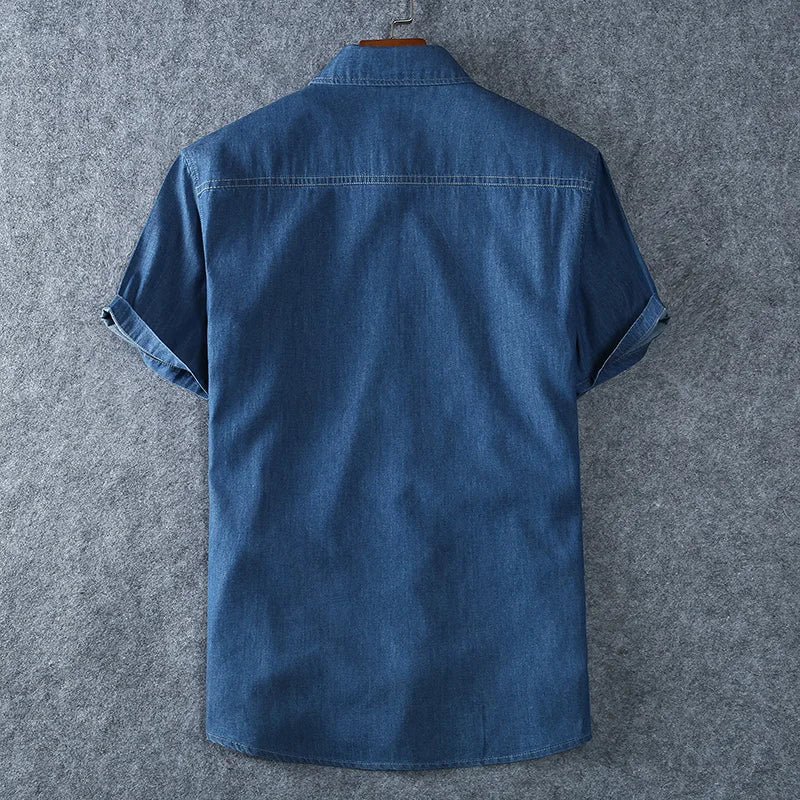 Men's Blue Denim Shirts Short Sleeve Jean Shirts New Summer High Quality Men Cotton Light Blue Denim Shirts Plus size L-8XL - Ellianto fashion Men's