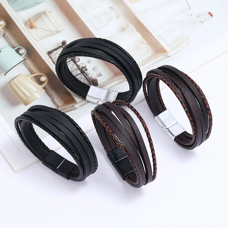 Genuine Leather Bracelet for Men Simple OL Style Man Bracelet Bangle Alloy Magnetic Clasp Wristband Hand Jewelry Bracelet Homme - Ellianto fashion Men's