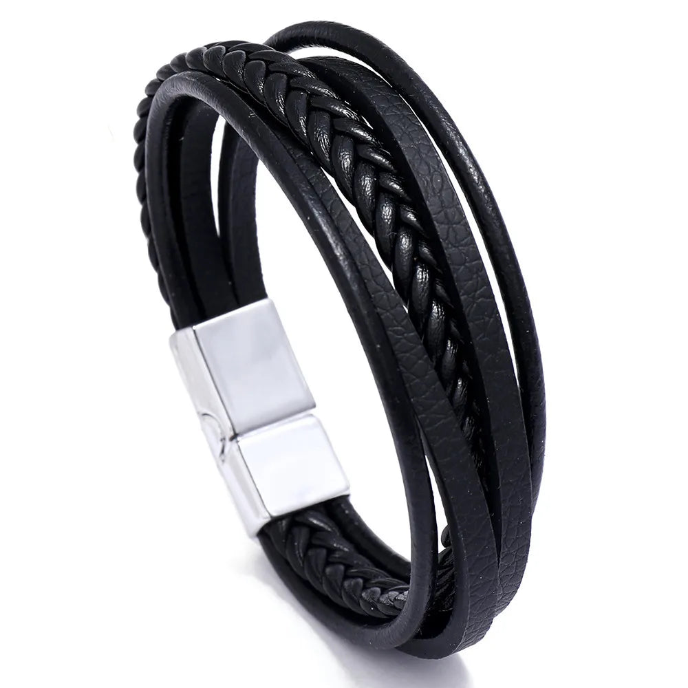 Genuine Leather Bracelet for Men Simple OL Style Man Bracelet Bangle Alloy Magnetic Clasp Wristband Hand Jewelry Bracelet Homme - Ellianto fashion Men's
