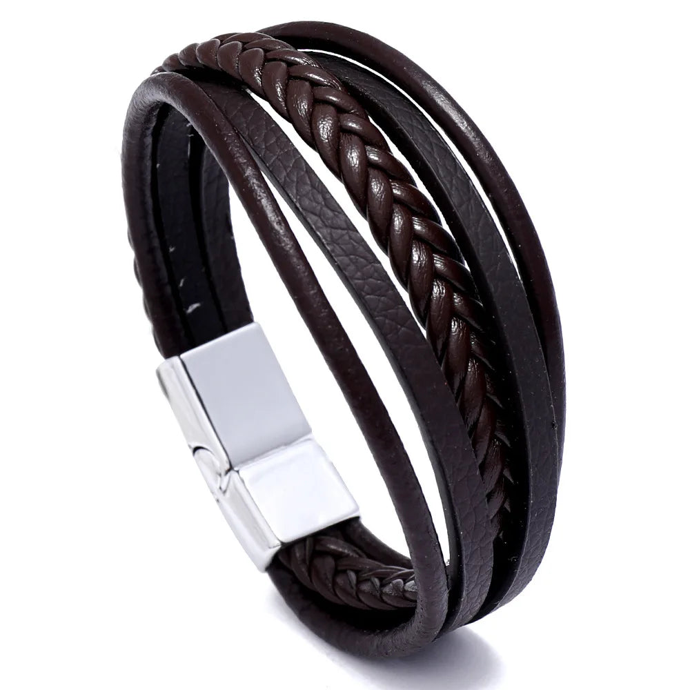 Genuine Leather Bracelet for Men Simple OL Style Man Bracelet Bangle Alloy Magnetic Clasp Wristband Hand Jewelry Bracelet Homme - Ellianto fashion Men's