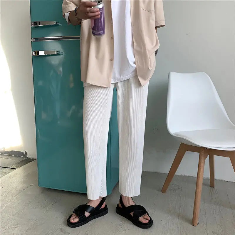 Summer Pleated Straight Pants – Lightweight Ice Silk Comfort and Effortless Japanese Streetwear Style for the Modern Gentleman