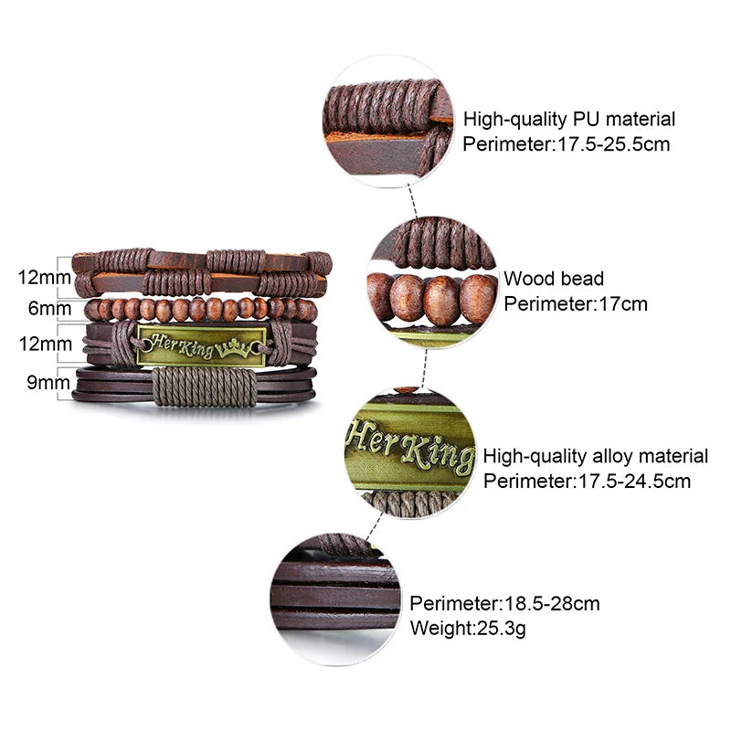 HER KING BROWN LEATHER SURF BRACELET FOR MEN WOMEN LAYERING STACK BOHO WRAP WRISTBAND 4PCS/SET - Ellianto fashion Men's