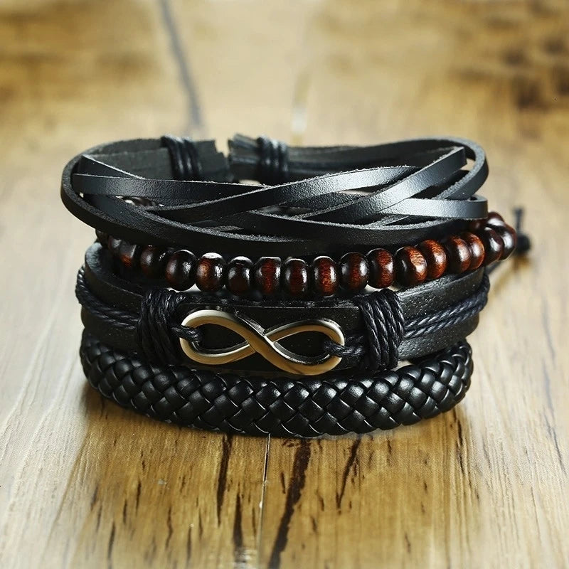 HER KING BROWN LEATHER SURF BRACELET FOR MEN WOMEN LAYERING STACK BOHO WRAP WRISTBAND 4PCS/SET - Ellianto fashion Men's