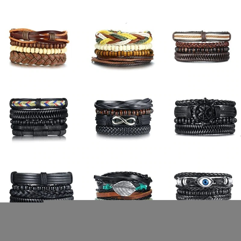 HER KING BROWN LEATHER SURF BRACELET FOR MEN WOMEN LAYERING STACK BOHO WRAP WRISTBAND 4PCS/SET - Ellianto fashion Men's