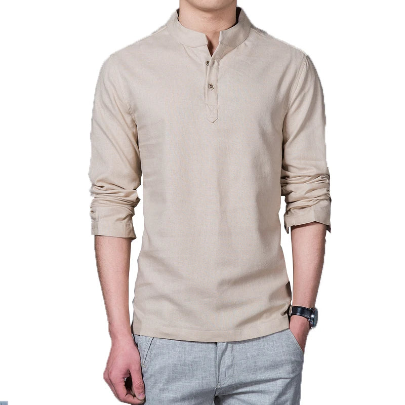 Men's Clothing Men Spring Tops & Tees Male Fashion T-Shirts Stand Collar Long-sleeved Slim Base Shirt Homme Linen t-shirt - Ellianto fashion Men's