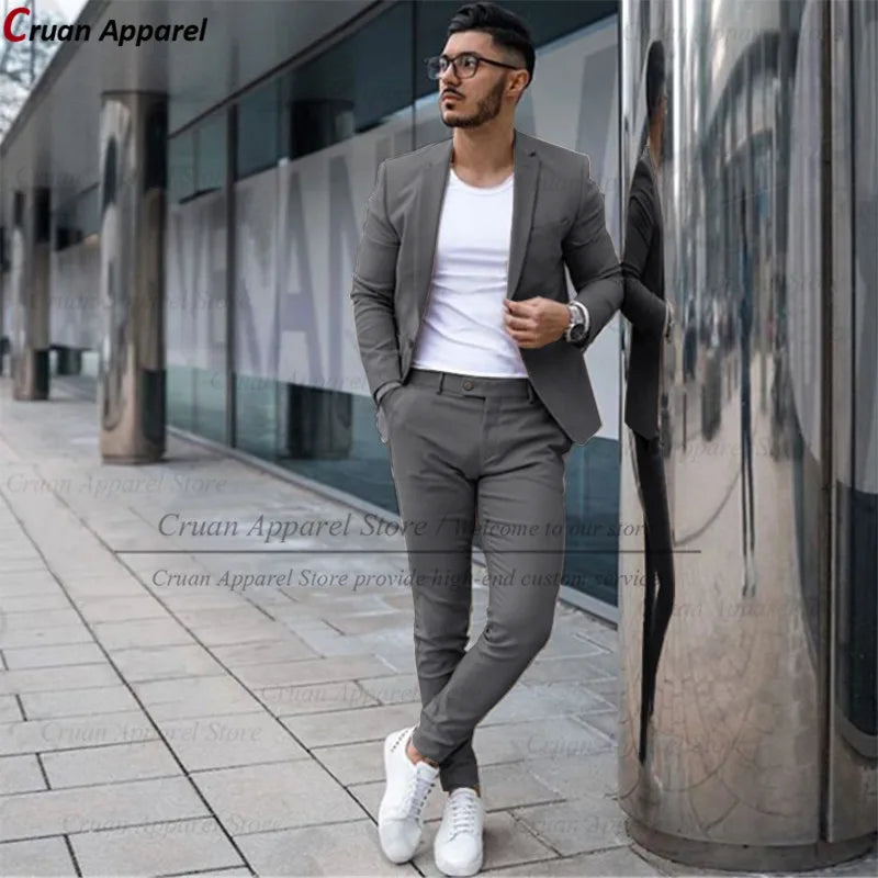 Custom Made Fashion Fuchsia Suit Men Set New Party Wedding Groom Suit Slim Fit Streetwear Casual Beige Classic Jacket Pants 2Pcs - Ellianto fashion Men's