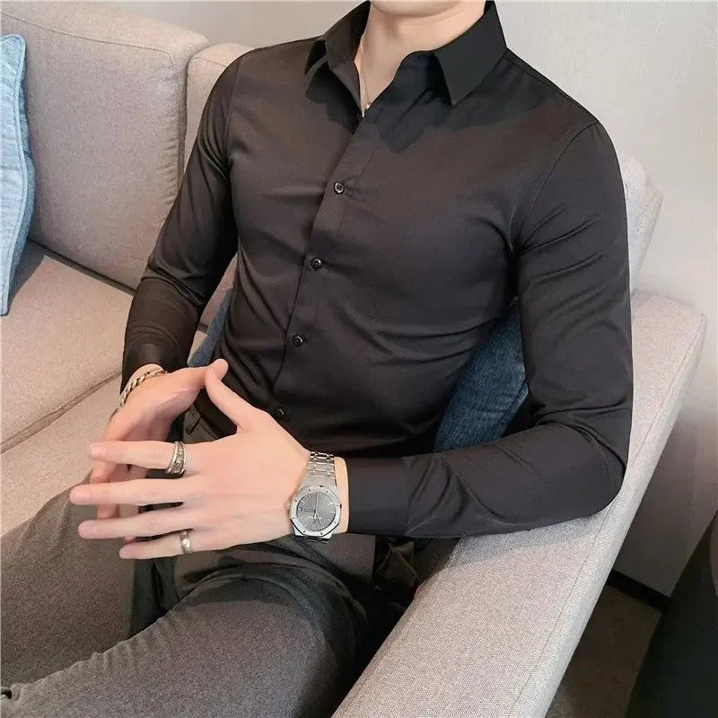 Men's Slim Fit Stretch Business Shirt Long Sleeve Spring Autumn Casual Fashionable Elegant Male Clothing Suit Shirt