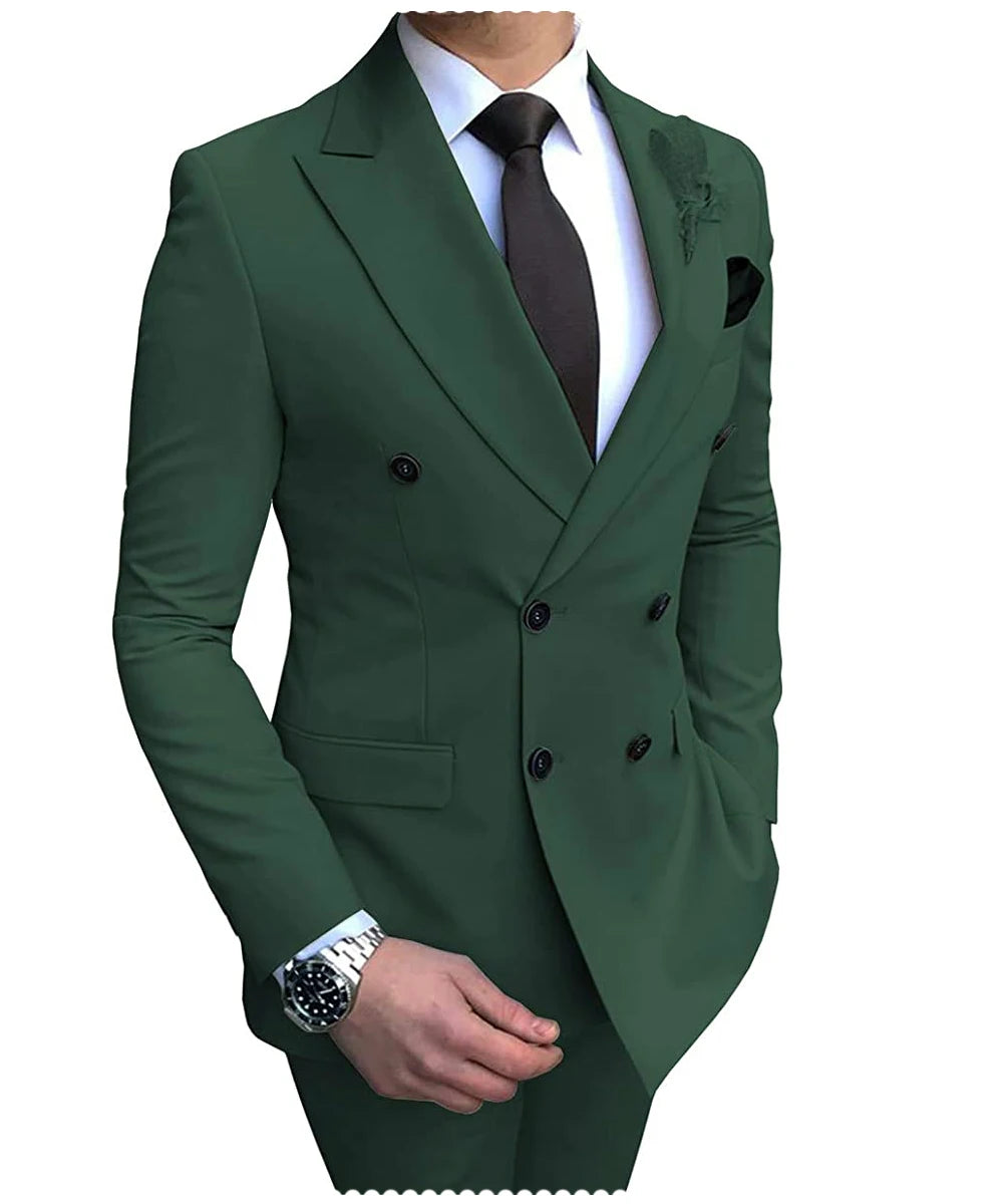2025 New Beige Men's Suit 2 Pieces Double Breasted Notch Lapel Flat Slim Fit Casual Tuxedos For Wedding(Blazer+Pants)