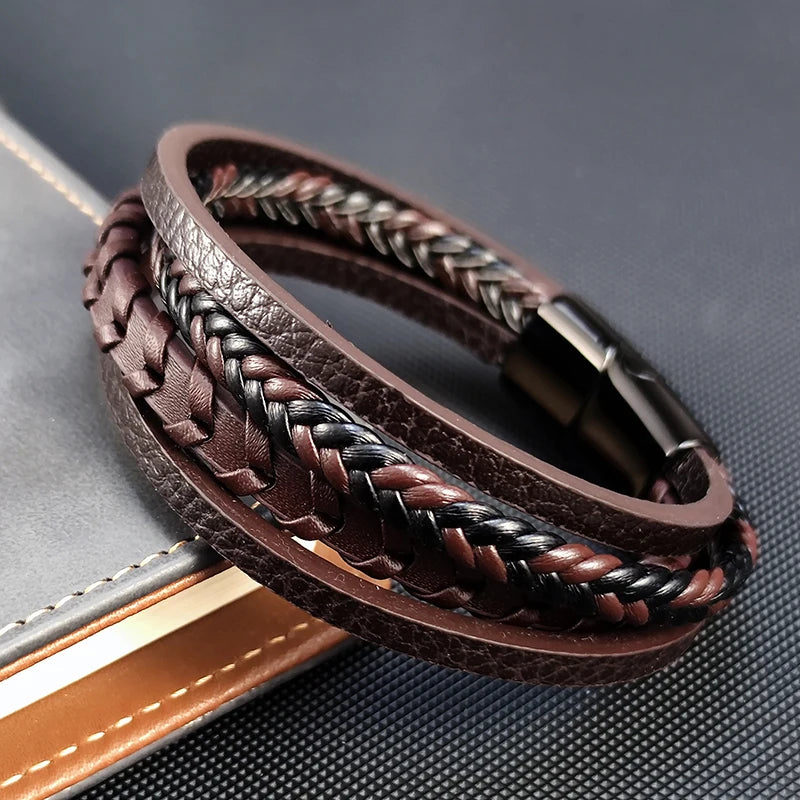 MingAo Men's Bracelet Fashion Multilayer Leather Stainless Steel Magnet Buckle Bracelet Birthday Jewelry Men's Accessories Gift - Ellianto fashion Men's