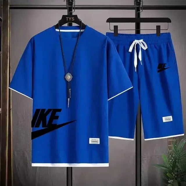 2025 Men's breathable short-sleeved T-shirt + jogging shorts two-piece summer fashion quick-dry fitness leisure sports suit - Ellianto fashion Men's