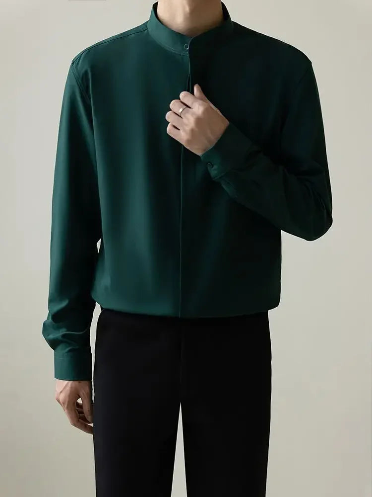 Style Men's Shirt Autumn Lightweight Fashion Korean Version Slims Smooths Silhouette Non-iron Business Ice Silk Sleeve Trendy - Ellianto fashion Men's