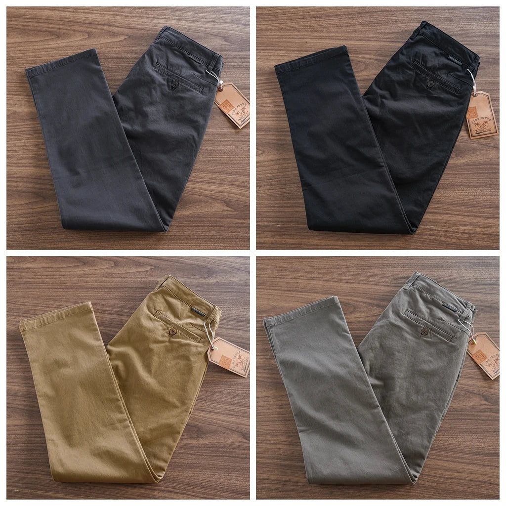 2025 Autumn New American Retro Woven Twill Cargo Pants Men's Simple 97.4% Cotton Washed Micro Elastic Straight Casual Trousers - Ellianto fashion Men's