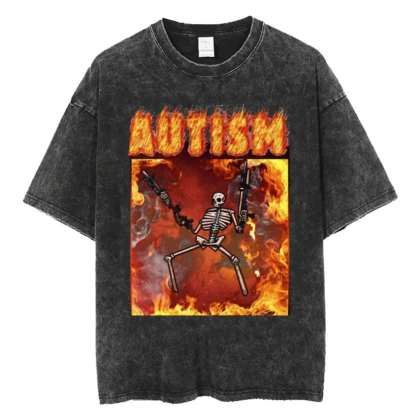 Autism Skeleton Meme T Shirt Human Funny Skull Men Women Harajuku Gothic Vintage Washed T Shirts Oversized Casual Cotton T-shirt