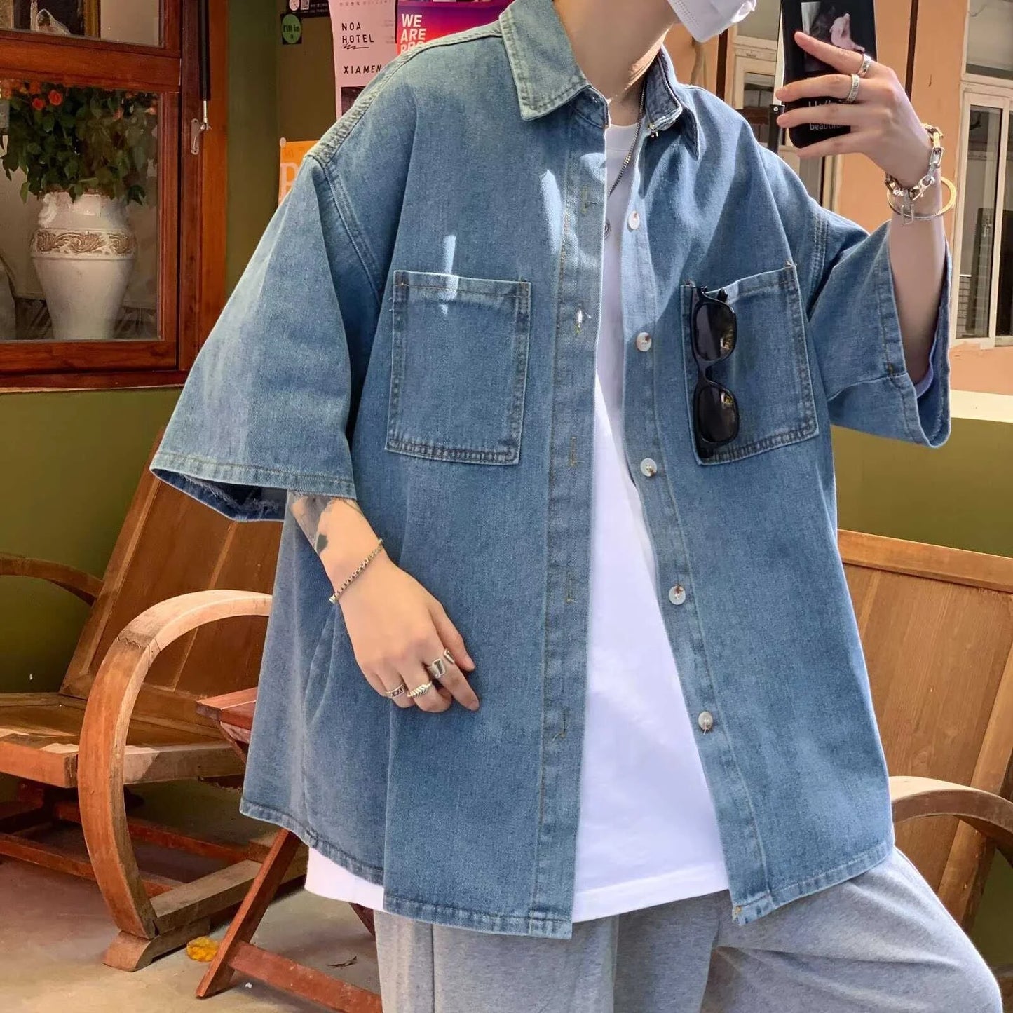 Loose Fit Men's Denim irt ort Sve Five-Quarter Sve Youth Trend Summer Casual Pure Color Workwear Sle Outerwear - Ellianto fashion Men's