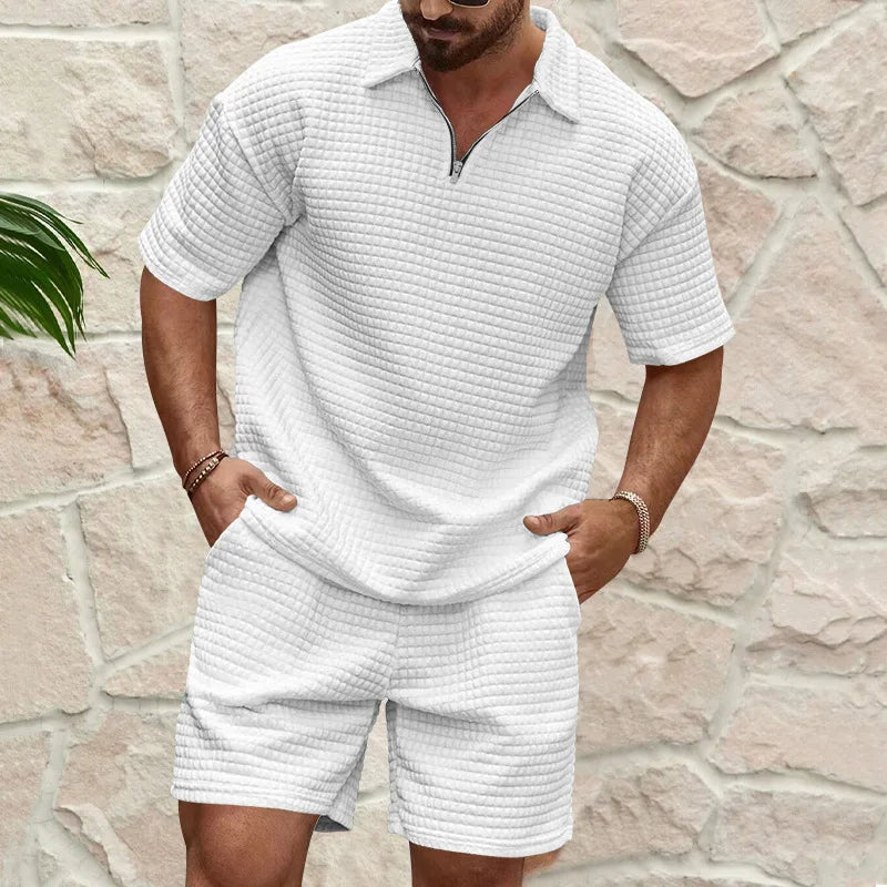 2025 European and American Men's Spring and Summer Trends Youth Outdoor Lapel Small Plaid Short Sleeve Shorts Sports Suit - Ellianto fashion Men's