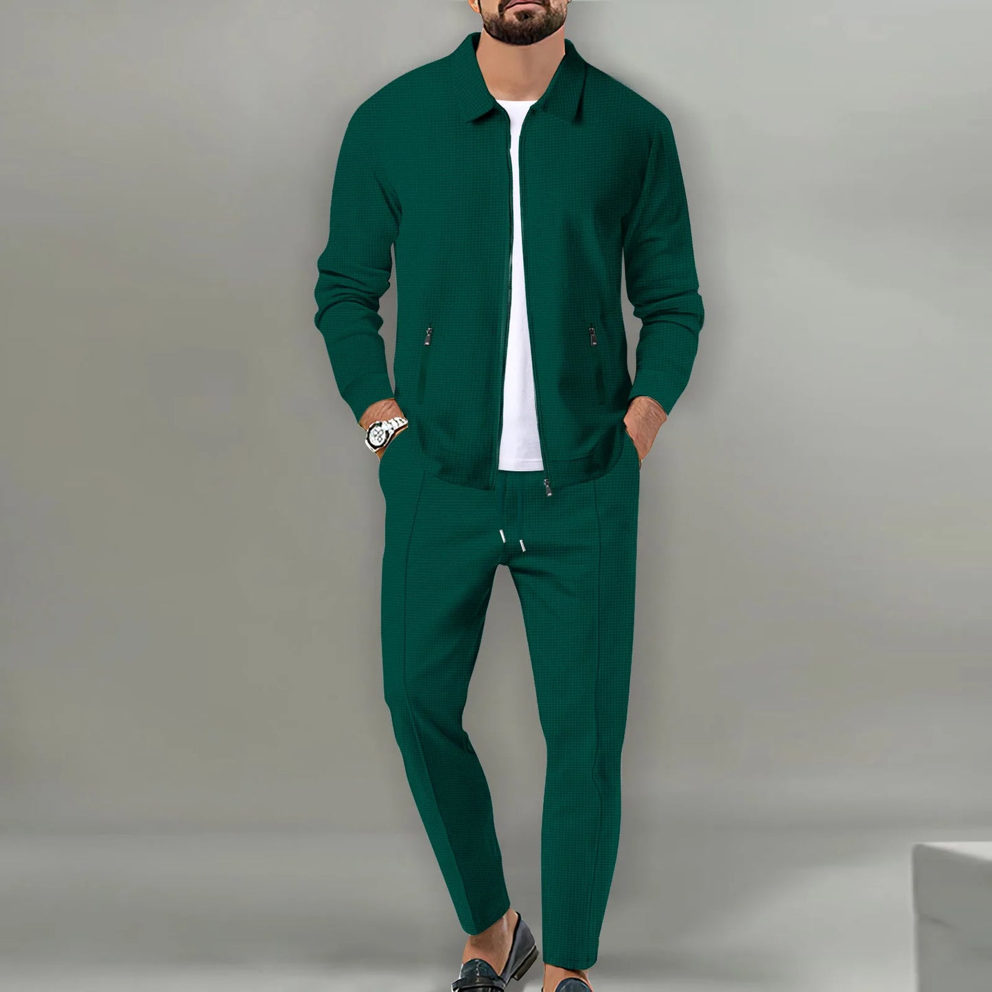 Set Autumnwinter men's casual blazer set new fashion Waffle baseball suit round neck pocket zipper long sleeve trousers two-piece se - Ellianto fashion Men's