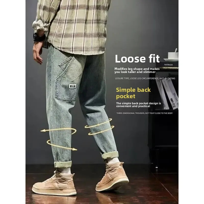 Casual Straight Leg Workwear Jeans Men's Handsome Trendy Brand Spring Autumn New Style Nine Points Casual Pants for Boys - Ellianto fashion Men's