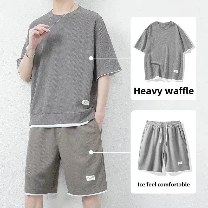 Casual Men's Sportswear Set Summer Short Sleeve Drawstring Shorts Loose Five-Quarter Pants Thin Male Outfit Two-Piece Suit - Ellianto fashion Men's