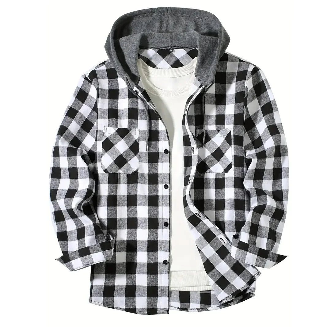 Men's Shirts Classic Plaid Casual Button Down Hooded Long Sleeved Double Pockets Shirt Hoodie Flannel Jacket Spring Autumn Tops - Ellianto fashion Men's