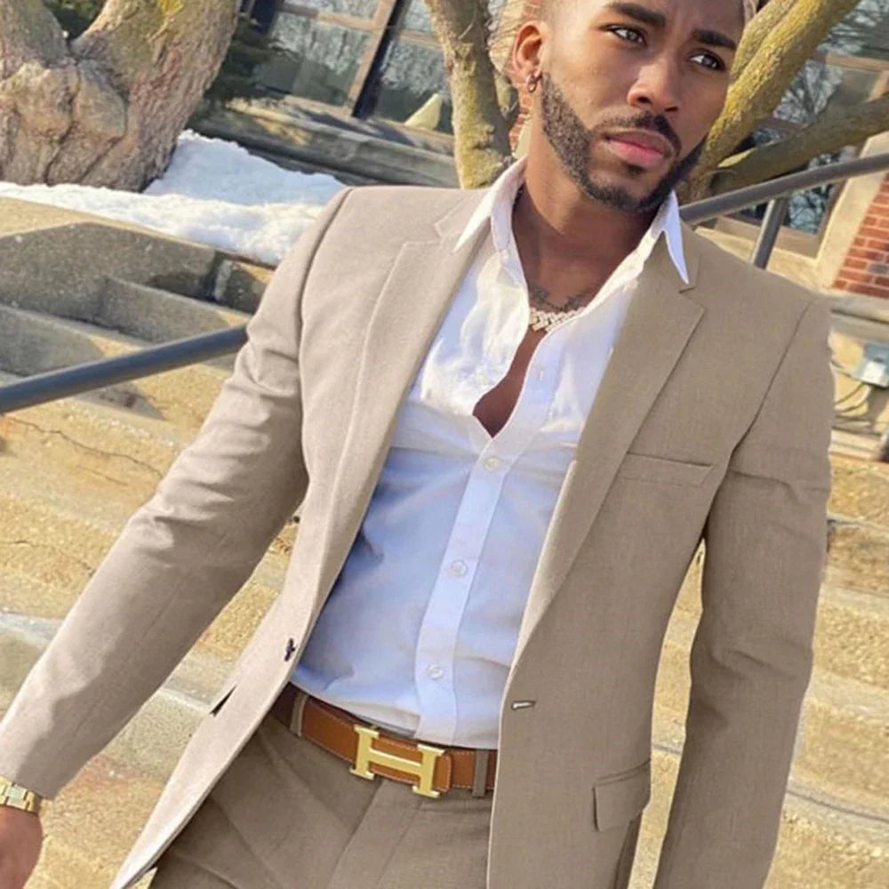2 Piece Beige Fashion Costume Slim Fit Gentlemen Suits for Men Wedding Groom Tuxedo Male Jacket with Pants - Ellianto fashion Men's