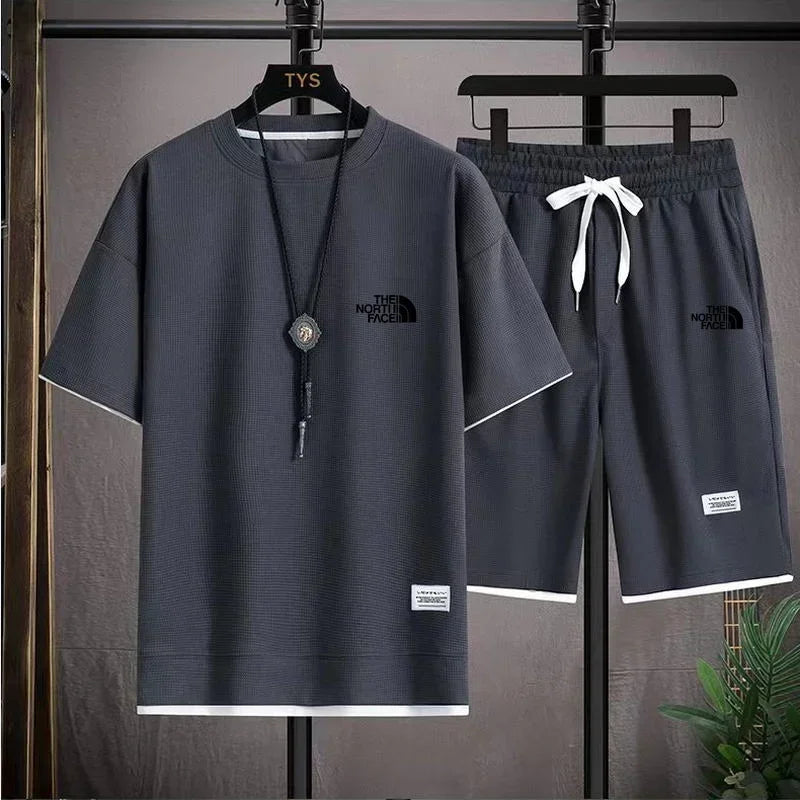 Set 2025 Summer Men's fashion breathable short-sleeved T-shirt + jogging Shorts two-piece fitness training suit Casual set - Ellianto fashion Men's