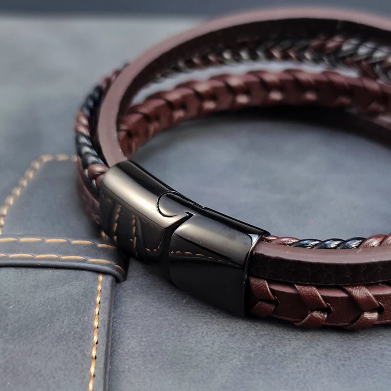 MingAo Men's Bracelet Fashion Multilayer Leather Stainless Steel Magnet Buckle Bracelet Birthday Jewelry Men's Accessories Gift - Ellianto fashion Men's