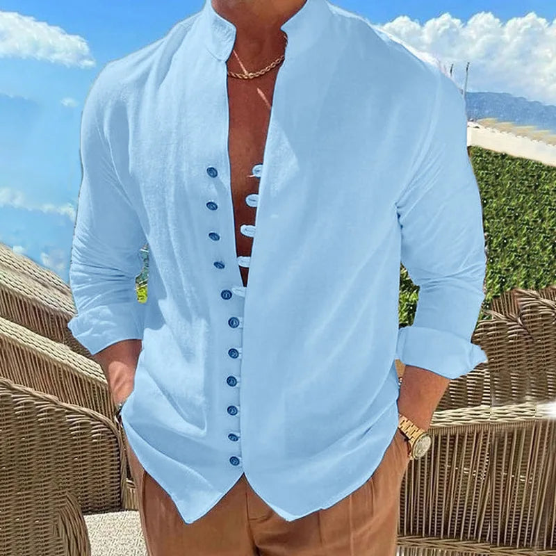 100% pure cotton linen hot selling fashion men's long sleeved shirt solid color stand up collar casual style men's S-3XXL - Ellianto fashion Men's