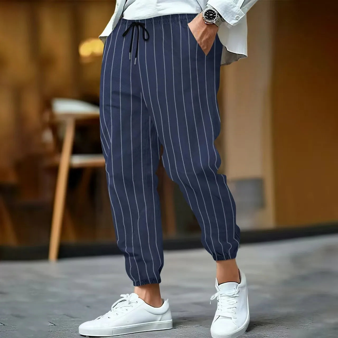 Men's Striped Casual Cotton Linen Blend Trousers Loose Fit Breathable Fashionable Sport Pants Street Versatile Trousers - Ellianto fashion Men's