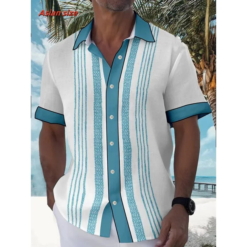 Colorful Stripes Pattern Hawaiian Shirt For Men Color Block 3D Printed Short Sleeve Tops Casual Lapel Aloha Shirts Loose Blouses