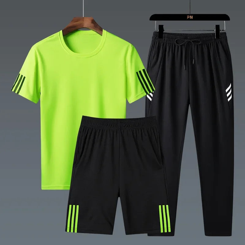 Summer Casual Sports Men's Short Sleeve T-Shirt plus Size Three-Piece Set New Style Long Pants Comfortable Breathable Clothing - Ellianto fashion Men's