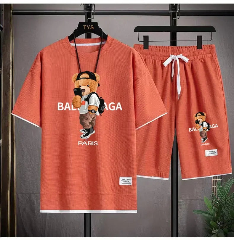 Set The 2025 new summer men's suit jacket short-sleeved oversized T-shirt + outdoor men's jogging casual shorts 2-piece set is sport - Ellianto fashion Men's