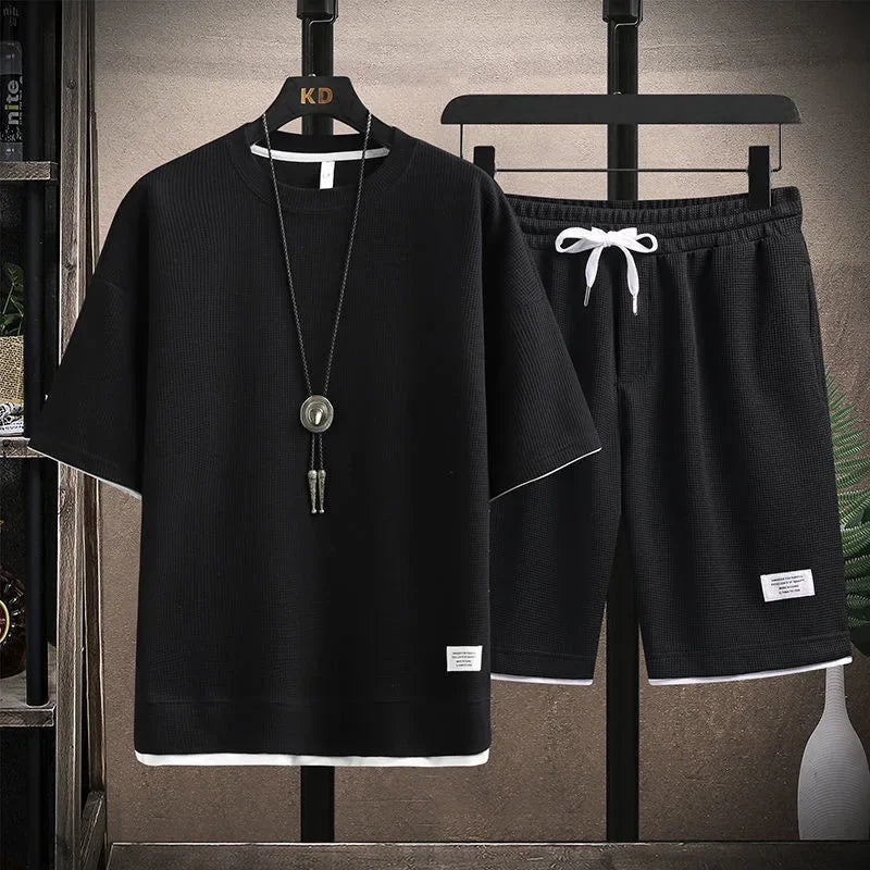 Casual Men's Sportswear Set Summer Short Sleeve Drawstring Shorts Loose Five-Quarter Pants Thin Male Outfit Two-Piece Suit - Ellianto fashion Men's