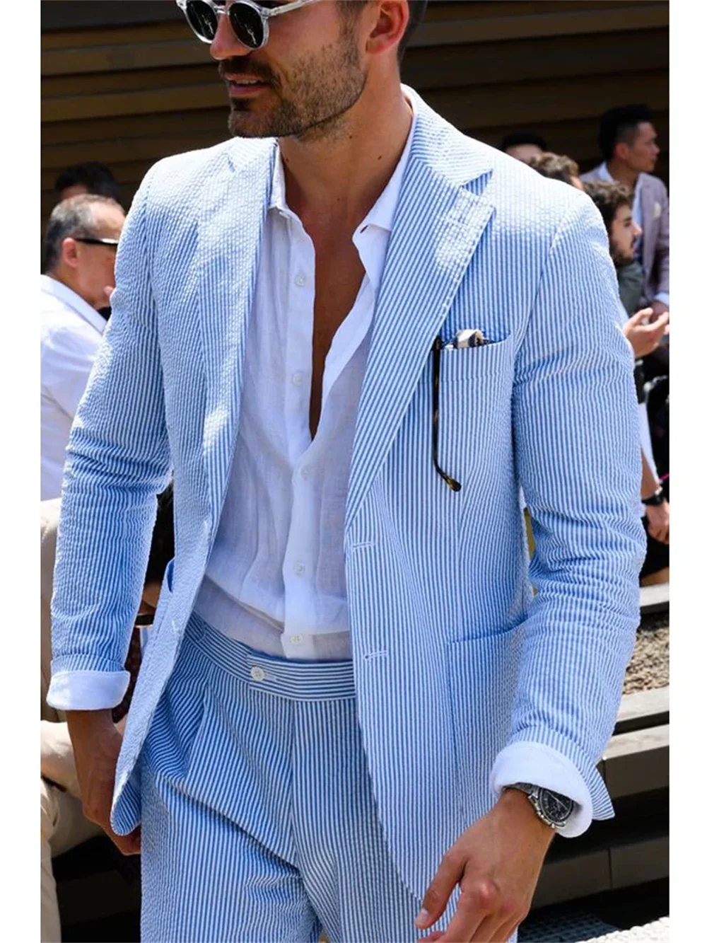 2 Pieces Sky Blue Men Suits Seersucker Suits Notched Lapel Summer Leisure Beach Jacket+Pant Groom Wedding Tuxedos