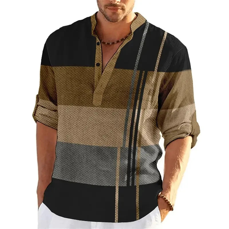 Men's Striped Color Block 3D Print Henley Shirts Fashion Streetwear Stand Collar Long Sleeve Shirt Male Tops Blouse Man Clothing - Ellianto fashion Men's