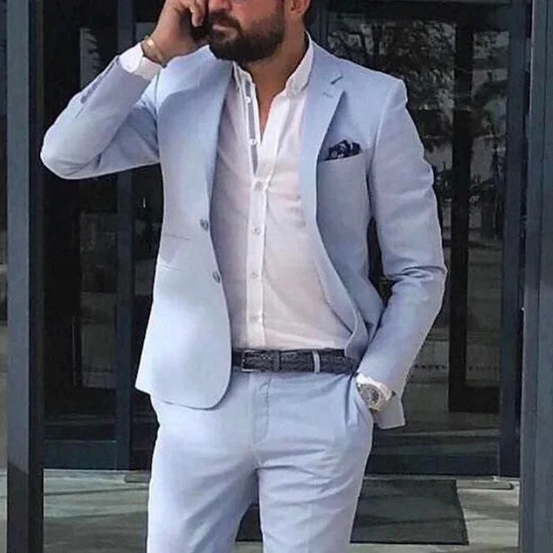 2 Piece2024 Custom Sky Blue Men's Suits Casual Summer Tuxedo Slim Fit Blazer Beach Wedding Jacket Set Traje Formal Para Hombre