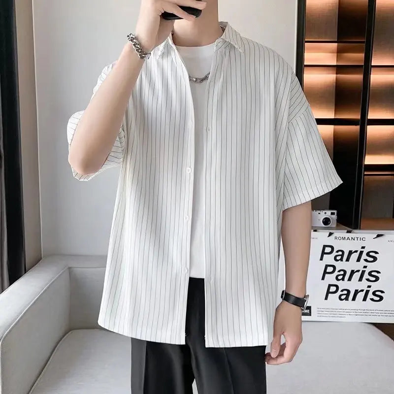 Striped Shirt men Japanese Casual Oversize Trend Black Unisex gothic Short Sleeved Blouses - Ellianto fashion Men's