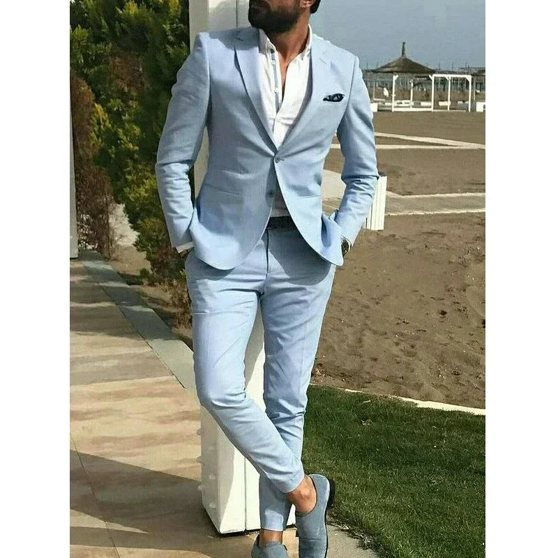 2 Piece2024 Custom Sky Blue Men's Suits Casual Summer Tuxedo Slim Fit Blazer Beach Wedding Jacket Set Traje Formal Para Hombre