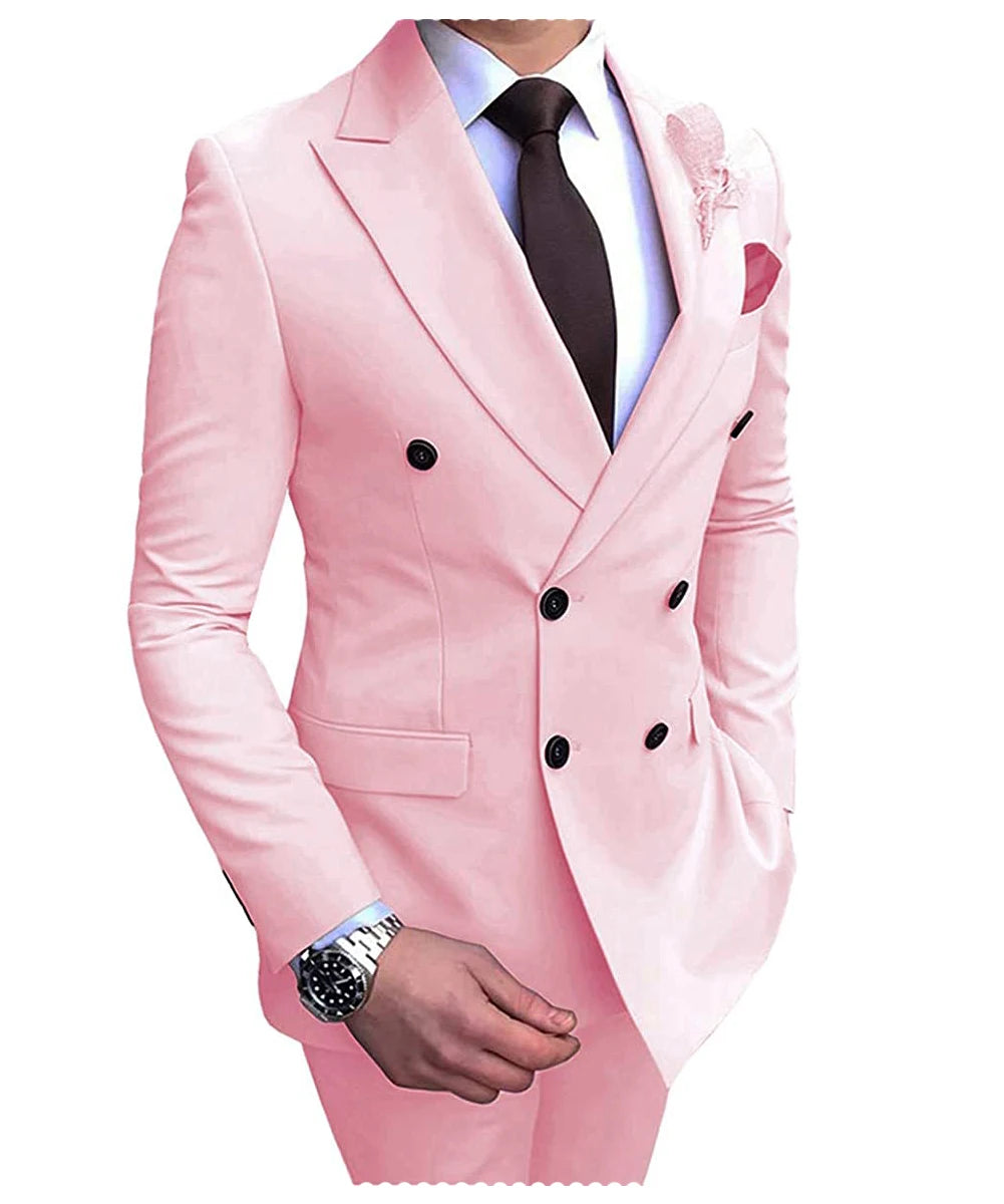 2025 New Beige Men's Suit 2 Pieces Double Breasted Notch Lapel Flat Slim Fit Casual Tuxedos For Wedding(Blazer+Pants)