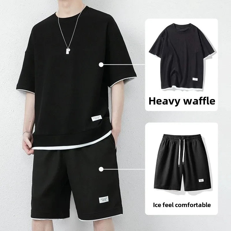 Casual Men's Sportswear Set Summer Short Sleeve Drawstring Shorts Loose Five-Quarter Pants Thin Male Outfit Two-Piece Suit - Ellianto fashion Men's