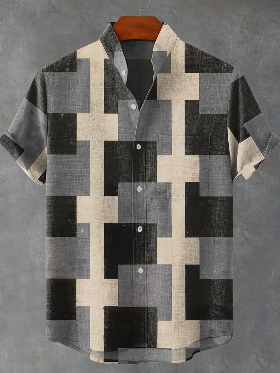 2025 Black Pigment Brush Marking Vintage Printed Casual 100% Line Shirt, Men and Women's Same Short Sleeve Shirt - Ellianto fashion Men's