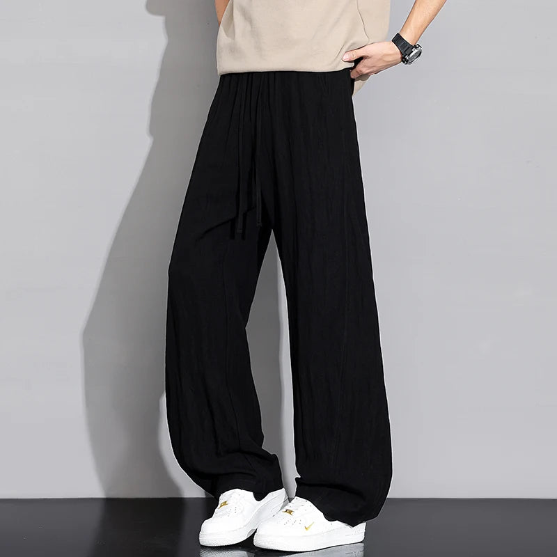 Men’s Thin Ice Silk Linen Casual Pants – Lightweight Wide-Leg Trousers with Drawstring, Straight Baggy Fit, and Elastic Waist for Effortless Comfort