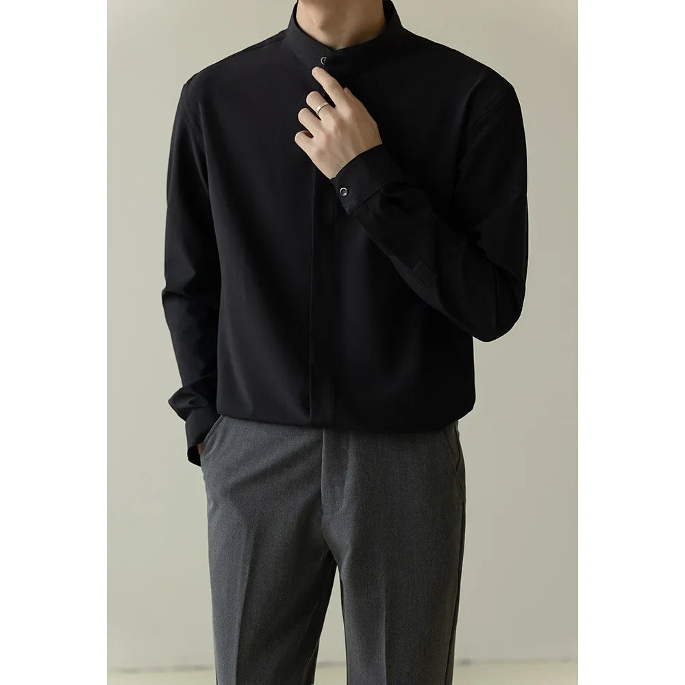 Style Men's Shirt Autumn Lightweight Fashion Korean Version Slims Smooths Silhouette Non-iron Business Ice Silk Sleeve Trendy - Ellianto fashion Men's