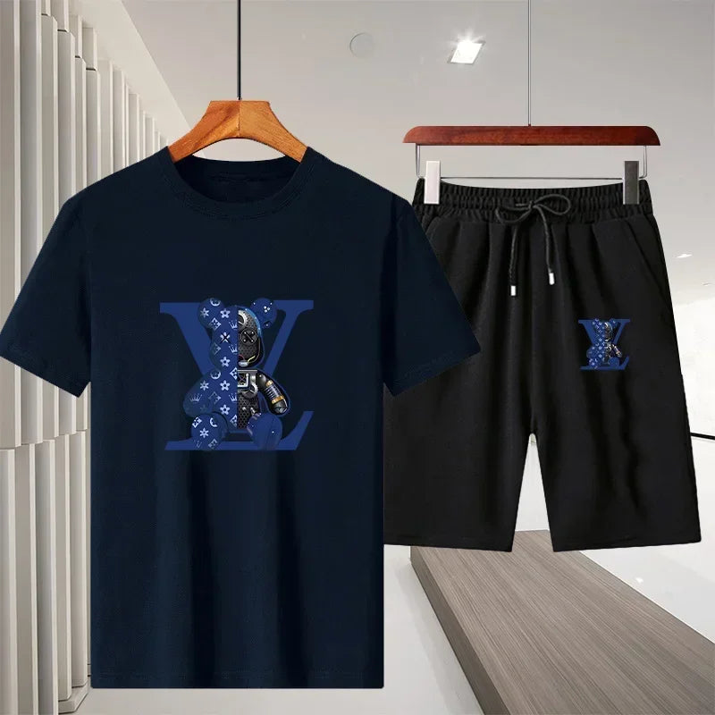 Set 2025 Summer Men's Outdoor Leisure Fitness Jogging Set: Breathable pure cotton short-sleeved T-shirt + quick-drying Shorts, a two - Ellianto fashion Men's