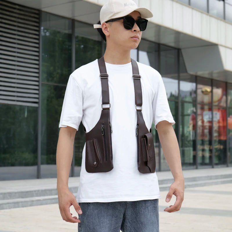Luxury Design Men's Tactical Vest Bag High Quality PU Leather Man Chest Bag Phone Pouch Vintage Design Underarm Back Pack Bags - Ellianto fashion Men's