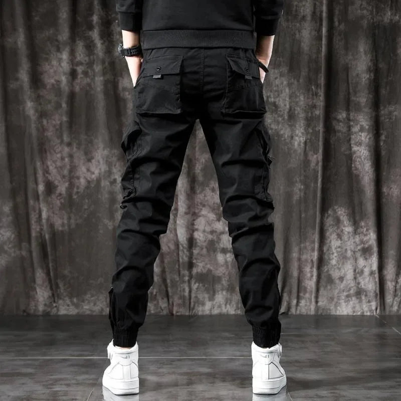 Trendy Men's Spring Autumn Cargo Pants Slim Fit Casual Style Loose Fit American Style Multiple Pocket Small Foot Pants Black - Ellianto fashion Men's