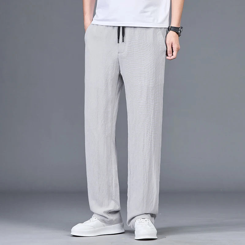 Men’s Summer Ice Silk Linen Casual Pants – Lightweight, Breathable Straight-Leg Trousers with Wide-Leg, Drawstring, Baggy Fit, and Elastic Waist for Effortless Comfort