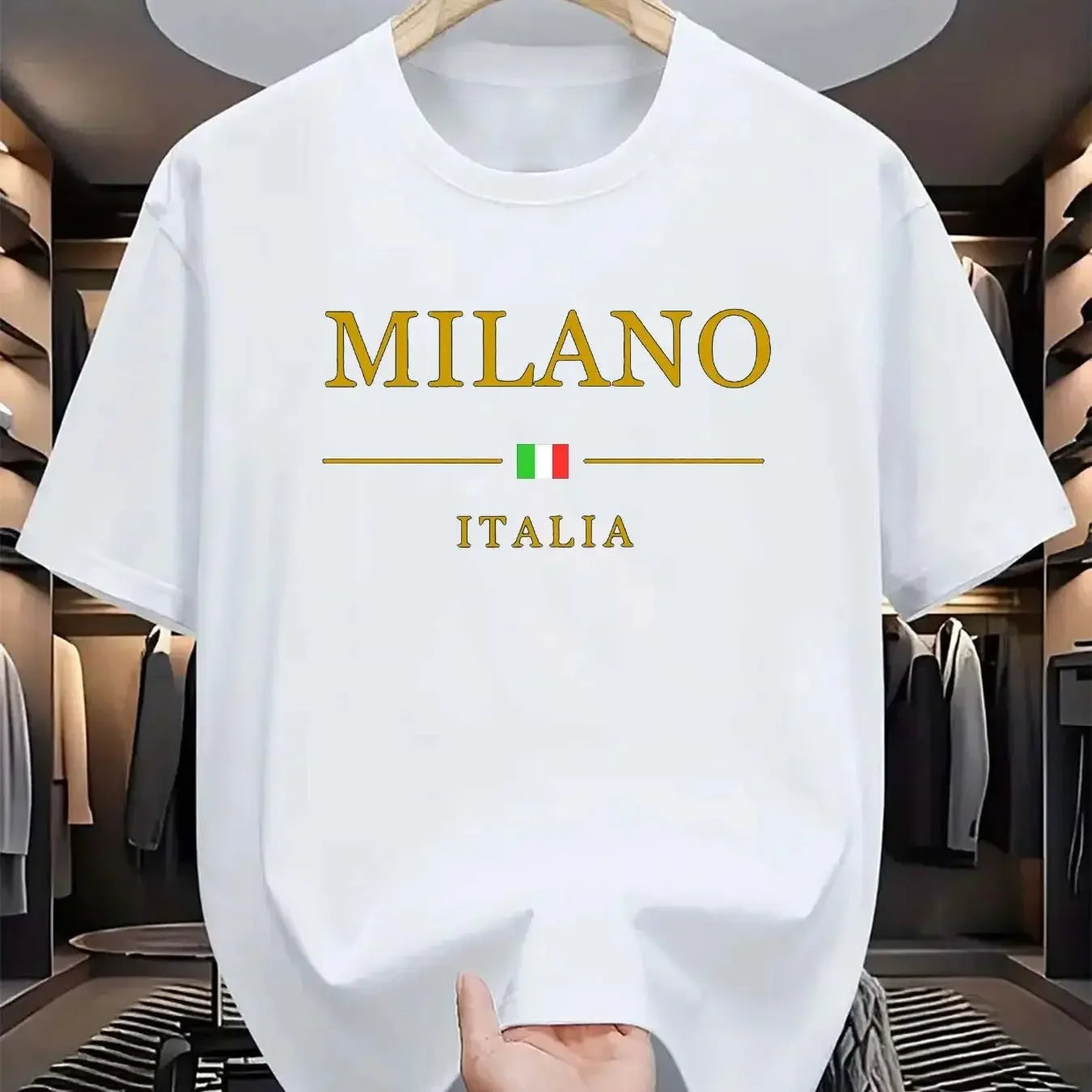 Men's summer 100 cotton fashionable casual loose plus size MILANO ITALIA pattern printed sports round neck short sleeved T-shirt - Ellianto fashion Men's