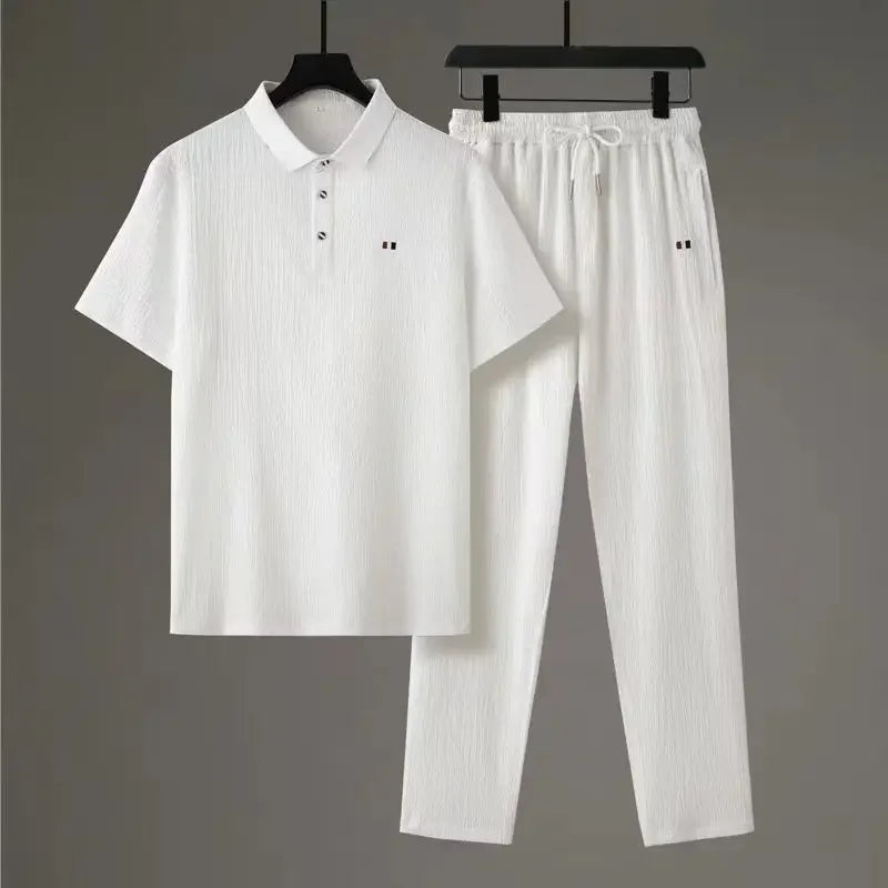 Summer Men's Casual Thin Collar Two-Piece Suit Full Set Fashionable Lightweight Breathable Comfortable Male Clothing Ensemble - Ellianto fashion Men's