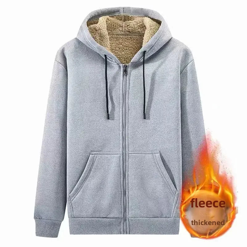 Autumn Winter New Men's Fleece Lined Thickened Sweatshirt Cardigan Hooded Zip Up Versatile Casual Jacket Warm Lambswool