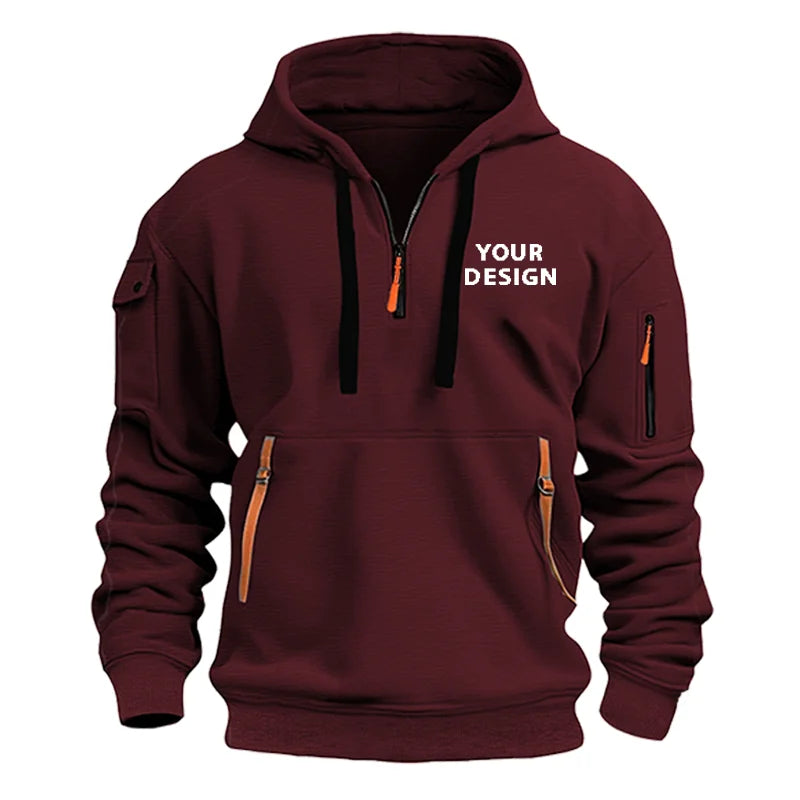 European New Men's Sports Zipper Arm Pocket Loose Casual Sweatshirt Customize Your Logo Dropped Shoulder Hooded Jacket Pullover - Ellianto fashion Men's